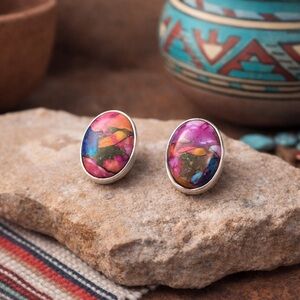 Dahlia Turquoise Mosaic Oval Stud Earrings Silver Bezel Set 1/2" Artisan #559